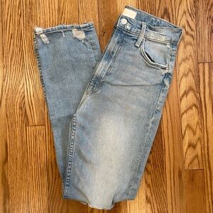 MOTHER Blue Straight Leg Jeans with Vintage Distressing